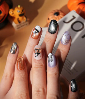 Costume Miffy Halloween press on nails with a bunny in witch hat, bat wings and mummy costume, 3D copper pumpkin and gold stars - image 1