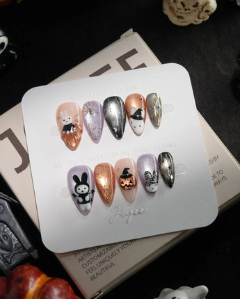 Costume Miffy handmade press-on nails in short stiletto shape by Joyee Nails