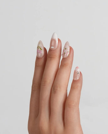 Cottage Mail handmade press-on nails featuring Sweet Pastoral Style, Hand-painted Tulips & Lace French Tip nails