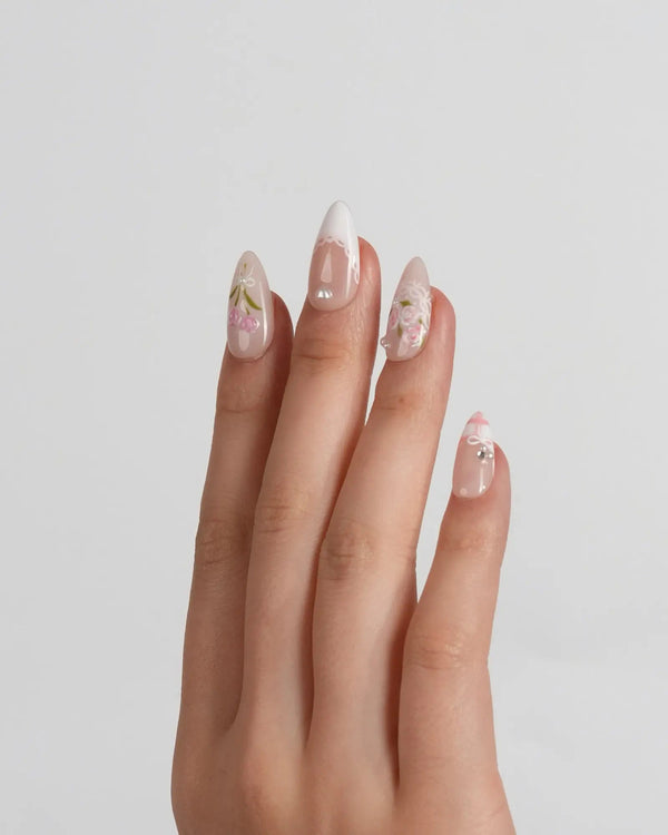 Cottage Mail handmade press-on nails featuring Sweet Pastoral Style, Hand-painted Tulips & Lace French Tip nails