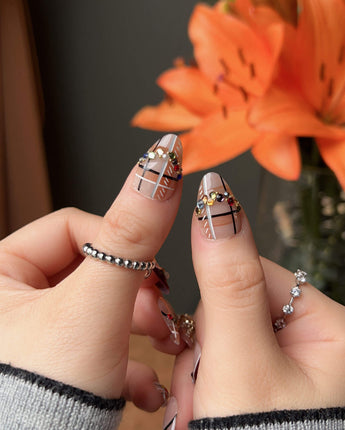 Cozy Plaid press-on nails — British Plaid, Colorful Rhinestone & Planet Charm. handmade nail art by Joyee Nails