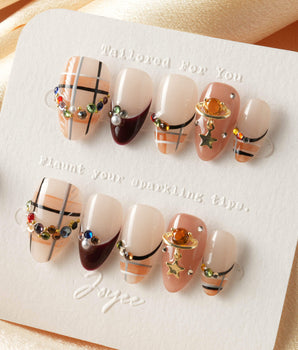 Cozy Plaid press-on nail set — British Plaid, Colorful Rhinestone & Planet Charm. design, hand-painted with real gel polish
