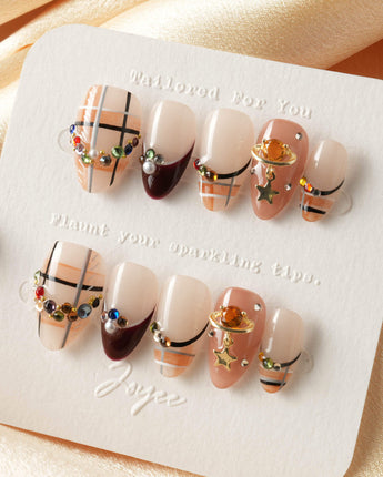 Cozy Plaid press-on nail set — British Plaid, Colorful Rhinestone & Planet Charm. design, hand-painted with real gel polish