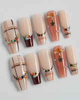 Cozy Plaid press-on nails in long coffin shape — British Plaid, Colorful Rhinestone & Planet Charm.