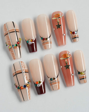 Cozy Plaid press-on nails in long coffin shape — British Plaid, Colorful Rhinestone & Planet Charm.