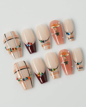 Cozy Plaid press-on nails in medium coffin shape — British Plaid, Colorful Rhinestone & Planet Charm.