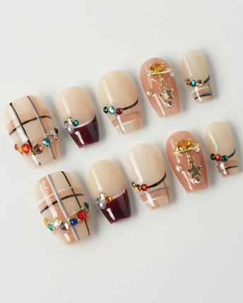 Cozy Plaid press-on nails in short coffin shape — British Plaid, Colorful Rhinestone & Planet Charm.