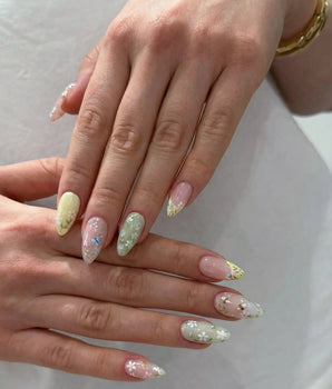 Cream Garden press-on nail set — Pastoral Style, Hand-painted Bees & Wildflowers. design, hand-painted with real gel polish