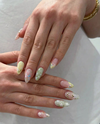 Cream Garden press-on nail set — Pastoral Style, Hand-painted Bees & Wildflowers. design, hand-painted with real gel polish