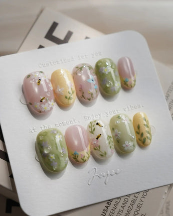 Cream Garden press-on nails — Pastoral Style, Hand-painted Bees & Wildflowers. handmade nail art by Joyee Nails