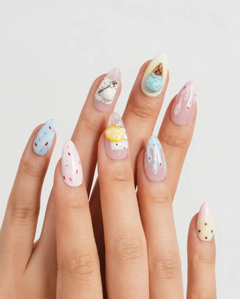 Cream Scoop ice cream parlor nail art with sprinkles and a tiny silver spoon charm