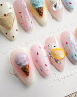 Cream Scoop pink sprinkle press-on nails with 3D ice cream cones and a gold heart cookie