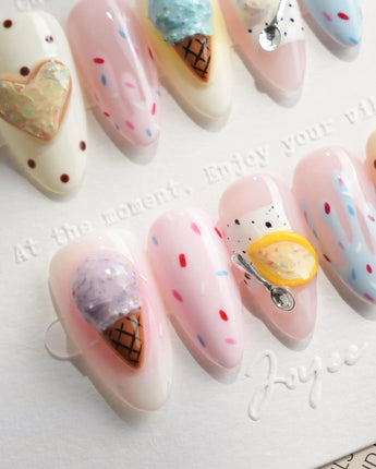 Cream Scoop pink sprinkle press-on nails with 3D ice cream cones and a gold heart cookie