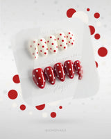 Creamy Cherry handmade press-on nails featuring Bright Red & Creamy White Contrast, Retro Classic Polka Dots.
