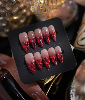 Crimson Queen press-on nails — Nude Pink to Black-Red