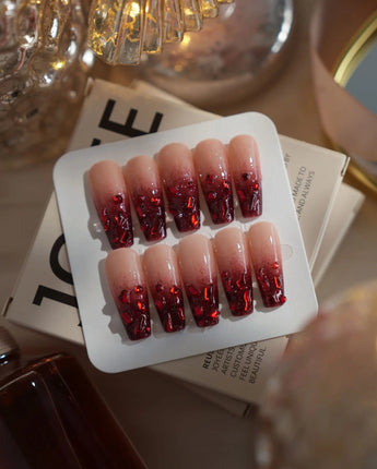Crimson Queen nails in long coffin — Nude Pink to Black-Red