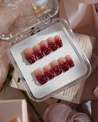 Crimson Queen nails in short coffin — Nude Pink to Black-Red