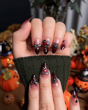 Crimson Veil nail art close-up showing Red & Black Gradient, 3D Punk Heart & Spider. details