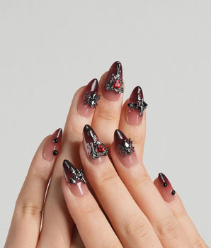Crimson Veil handmade press-on nails featuring Red & Black Gradient, 3D Punk Heart & Spider.