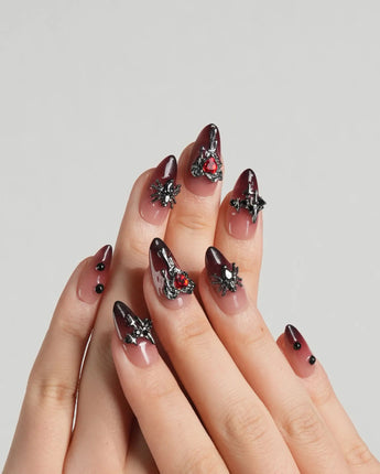 Crimson Veil handmade press-on nails featuring Red & Black Gradient, 3D Punk Heart & Spider.