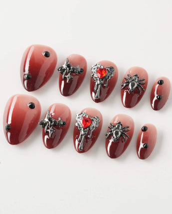 Crimson Veil press-on nails in extra short almond shape — Red & Black Gradient, 3D Punk Heart & Spider.