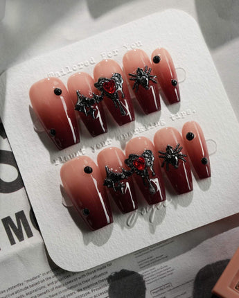 Crimson Veil press-on nails in medium coffin shape — Red & Black Gradient, 3D Punk Heart & Spider.