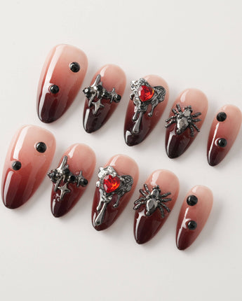 Crimson Veil press-on nail set — Red & Black Gradient, 3D Punk Heart & Spider. design, hand-painted with real gel polish