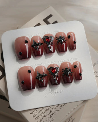 Crimson Veil press-on nails in short coffin shape — Red & Black Gradient, 3D Punk Heart & Spider.