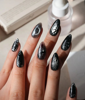 Crow Moon press on nails with a hand-painted crow on a branch, bare winter trees, black cats and bats on silver cat eye with 3D silver vines - image 2