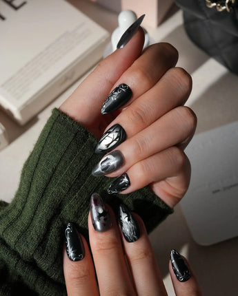 Crow Moon press on nails with a hand-painted crow on a branch, bare winter trees, black cats and bats on silver cat eye with 3D silver vines - image 5
