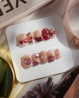 Crystal Berry extra short coffin press-on nails with red cat-eye cherries and gold outlines