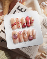 Crystal Berry medium square press-on nails with deep red and burgundy fall nail art