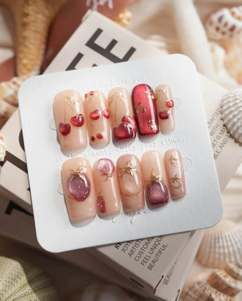 Crystal Berry medium square press-on nails with deep red and burgundy fall nail art