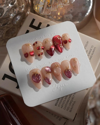 Crystal Berry short stiletto press-on nails with red cat-eye cherries and gold outline details