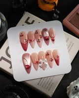 Crystal Cherry handmade press-on nails in medium stiletto shape by Joyee Nails