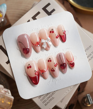 Crystal Cherry handmade press-on nails featuring Sweet Cherry，cat eye french tip nails