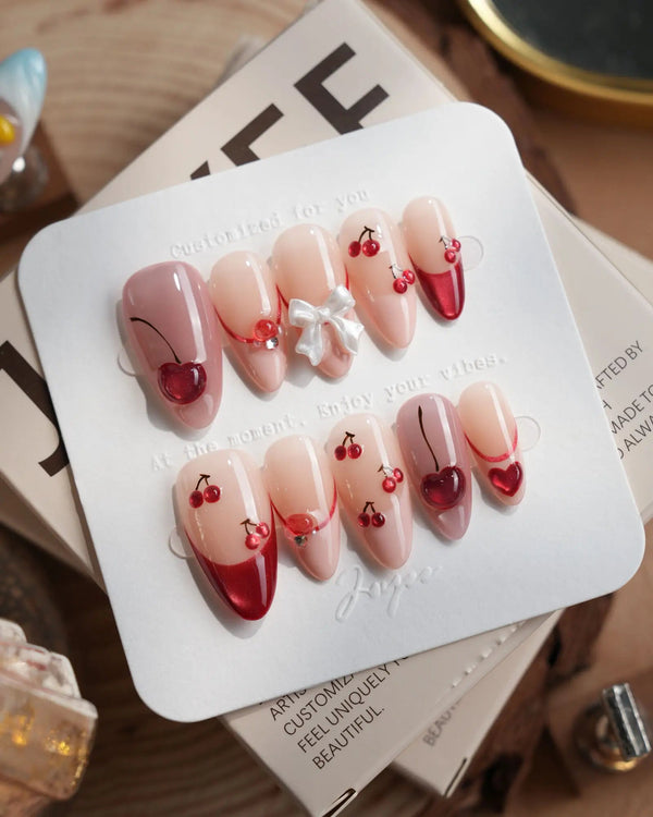 Crystal Cherry handmade press-on nails featuring Sweet Cherry，cat eye french tip nails