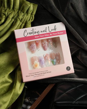 Wonderland Whims press-on nail set — Soft Pastel, 3D Sculpted Flowers & Pearls. design, hand-painted with real gel polish