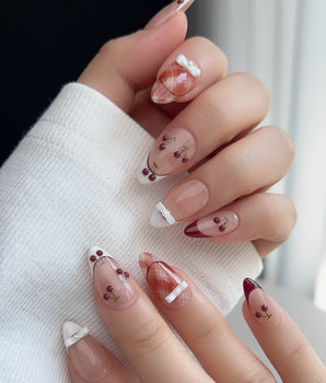 Cherry Miss press-on nail set — Red White French, 3D Bow & Cherry. design, hand-painted with real gel polish