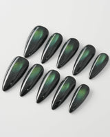 Forest Green Chase custom press-on nails — available in multiple shapes and sizes
