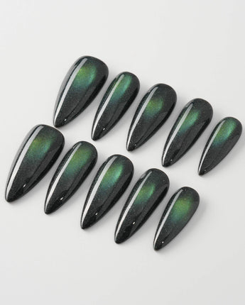 Forest Green Chase custom press-on nails — available in multiple shapes and sizes