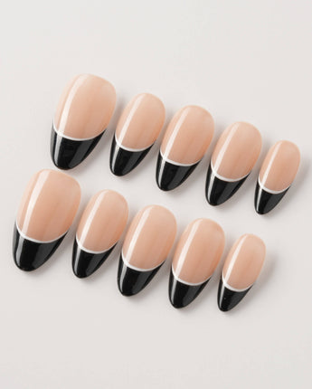 Classic Return - Ebony handmade press-on nails featuring Black & Nude Pink, Minimalist White Line French.