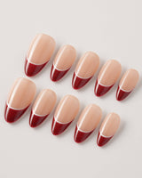 Classic Return - Rose press-on nails with burgundy, nude pink, and clean white line accents