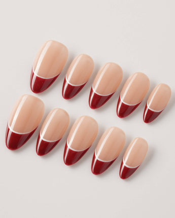 Classic Return - Rose press-on nails with burgundy, nude pink, and clean white line accents