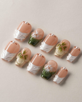Duchess Olive nails with raised olive florals, nude base, and glossy gel finish