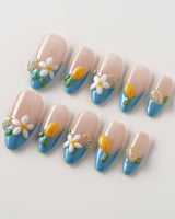 Lemon Grove handmade press-on nails featuring Blue French, 3D Lemon & Florals.