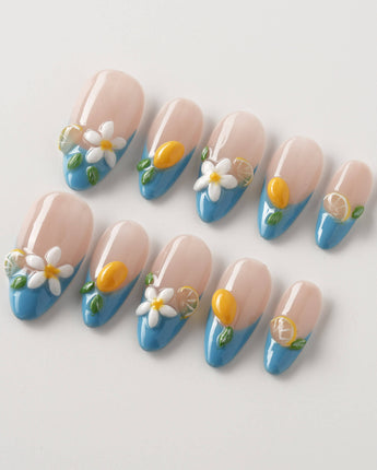 Lemon Grove handmade press-on nails featuring Blue French, 3D Lemon & Florals.