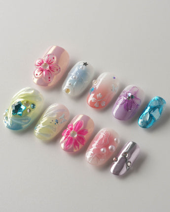 Gem Blossom custom press-on nails — available in multiple shapes and sizes