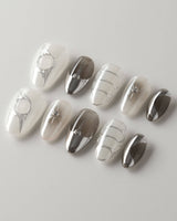 Silver Flame custom press-on nails — available in multiple shapes and sizes
