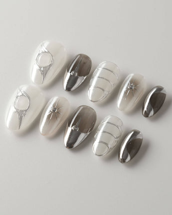 Silver Flame custom press-on nails — available in multiple shapes and sizes